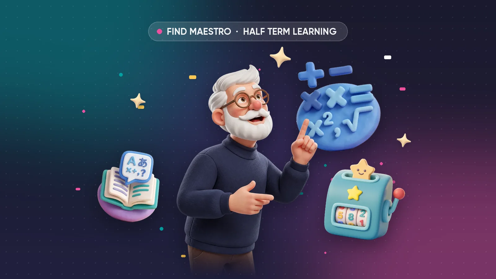 Maestro pointing to maths and language puzzle icons